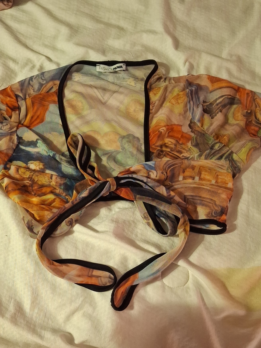 Fashion Nova Renaissance Print Tie-Front Mesh Crop Top - Orange, Blue, Cream